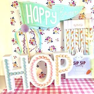 3 Piece Happy Easter Decor Bundle Felt Wand HOP Wood Shelf Sign Bunny Straws